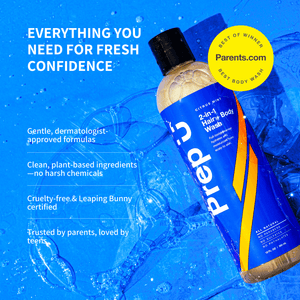 Bottle of Prep It 2-in-1 Hair & Body Wash with water droplets and text on a blue background