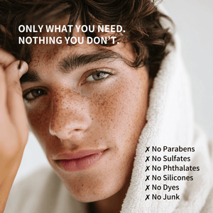 Close-up of a teen with text about product ingredients and benefits.