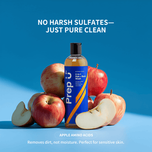 Prep U 2-in-1 Fresh Body Wash bottle with apples on a blue background