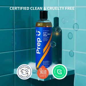 Prep U 2-in-1 Hair + Body Wash bottle with certification logos on a tiled shower background