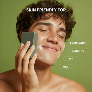 Teen using shave bar product with text indicating skin types compatible.