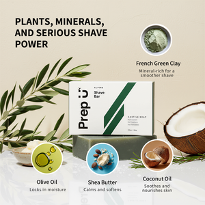 Shave bar packaging with ingredients and benefits on a neutral background