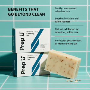 Prep U cleansing bar with packaging on a teal tiled background