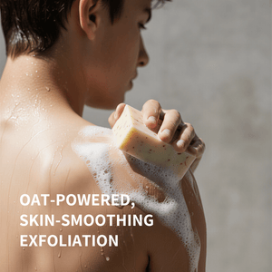 Teen washing with a Prep U castile bar of soap with text about oat-powered exfoliation.