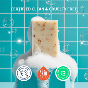 Prep U Bar of soap with certification logos on a blue tiled background