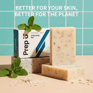 Prep U cleansing bar with packaging on a tiled background