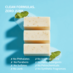 Three bars of Prep U soap with mint leaves on a blue background, featuring text about product ingredients.