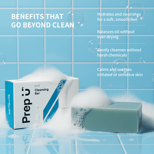 Prep U Blue Tansy Cleansing bar with packaging on a blue tiled background