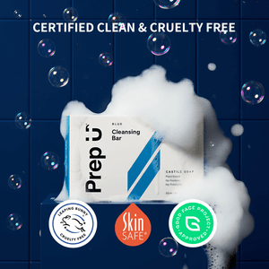 Prep U cleansing bar with bubbles on a blue tiled background, featuring certification logos.
