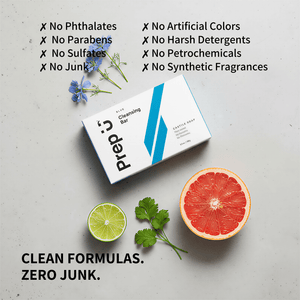 Prep U cleansing bar packaging with natural ingredients on a light background