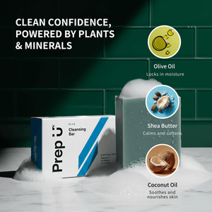Prep U cleansing bar with olive oil, shea butter, and coconut oil benefits on a green tiled background.
