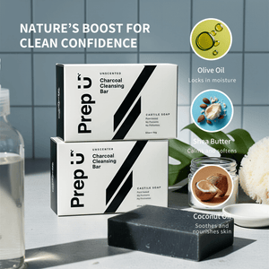 Two boxes of Prep 5 Charcoal Cleansing Bar with ingredients highlighted on a bathroom counter.