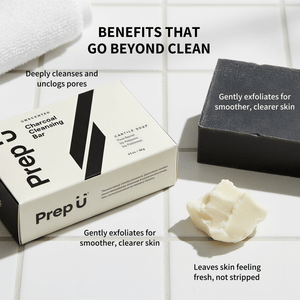 Prep U charcoal cleansing bar with packaging and benefits text on a white background