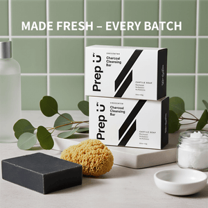 Prep U charcoal cleansing bars with packaging on a bathroom counter.