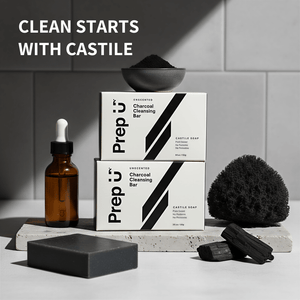 Castile soap products including a bottle, bar, and scrubber on a gray surface with 'Clean Starts with Castile' text.