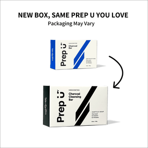 Two boxes of Prep U Charcoal Cleansing Bar with text indicating new packaging.