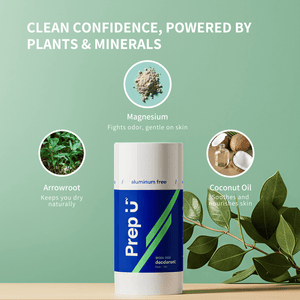 Prep U deodorant with natural ingredients and benefits on a green background