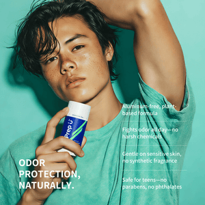 Teen holding a Prep U Deodorant with text about its benefits on a teal background