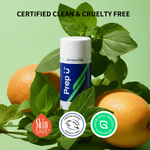 Prep U stick with oranges and leaves on a green background, featuring certification logos.