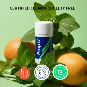 Prep U stick with oranges and leaves on a green background, featuring certification logos.