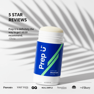 Prep U deodorant stick with 5-star reviews on a white background