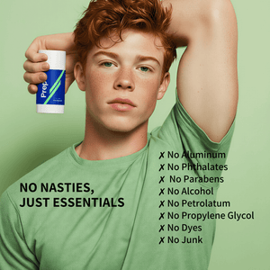Teen holding a Prep U deodorant with green background and text about product ingredients.