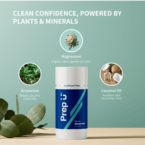 Prep U deodorant stick with natural ingredients on a light green background