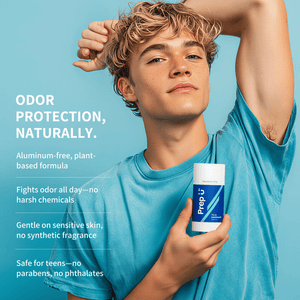 Teen holding a Prep U with text about odor protection on a blue background