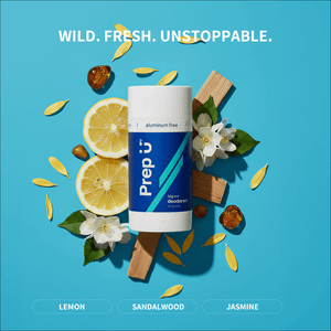 Prep U Deodorant with lemon, sandalwood, and jasmine on a blue background