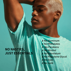 Teen wearing a teal shirt with a list of ingredients on a teal background