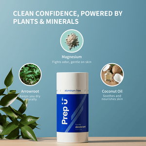 Prep U deodorant with natural ingredients and benefits on a blue background