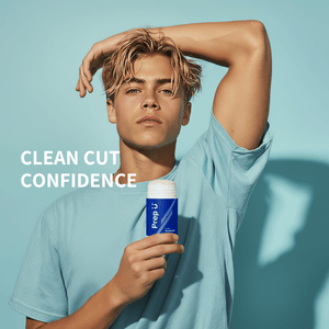 Teen holding a product with 'Clean Cut Confidence' text on a light blue background