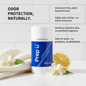 Prep U deodorant with lemon and flower on a white background