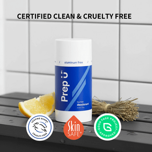 Prep U deodorant stick with lemon and broom on a tiled background, featuring certification logos.
