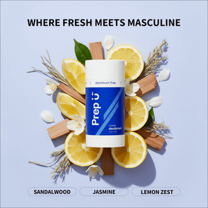 Prep U deodorant with lemons, sandalwood, and jasmine on a light blue background