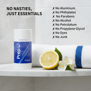 Prep U deodorant stick with lemon and towel on a bathroom shelf, featuring ingredient-free claims.