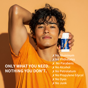 Teen holding a skincare product with text about ingredient-free formula on an orange background
