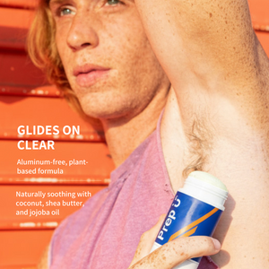 Teen applying a stick of Prep Up on his arm with product details displayed.