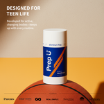 Prep U Deodorant stick on a basketball with promotional text about teen life and active bodies.