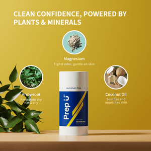 Prep U Deodorant can with natural ingredients on a wooden surface and yellow background