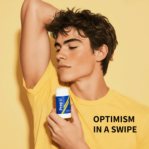 Teen holding a bottle of Prep Up deodorant against a yellow background with text 'Optimism in a Swipe'.