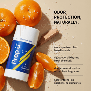 Prep U deodorant with oranges on a beige background