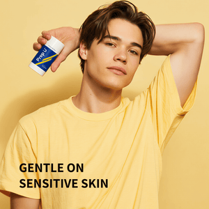 Teen wearing a yellow shirt holding a deodorant stick with 'Gentle on Sensitive Skin' text on a yellow background
