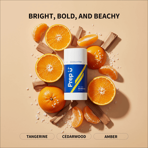 Prep U deodorant stick surrounded by oranges and wood chips on a beige background
