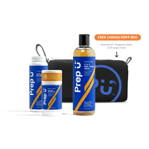 Prep U grooming products including a bottle, powder, and deodorant with a free canvas dopp bag on a white background.