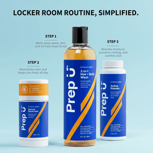 Three bottles of Prep U products on a light blue background with text describing a locker room routine.