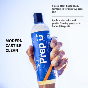 Bottle of Prep U soap held by a hand with text about its ingredients and benefits.