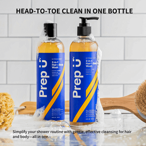 Two bottles of Prep 'U 2-in-1 hair with cleaning tools on a tiled background.