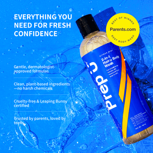 Bottle of Prep U 2-in-1 Hair & Body Wash with water droplets and text on a blue background