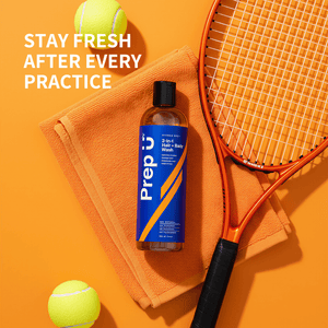 Bottle of Prep U product with tennis racket and balls on an orange background
